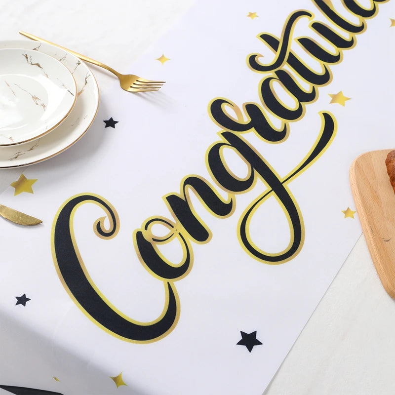 Graduation Table Runner Graduation Decorations 2025 Black Gold Polyester Graduation Table Cloth Prom Grad Party Table Decoration