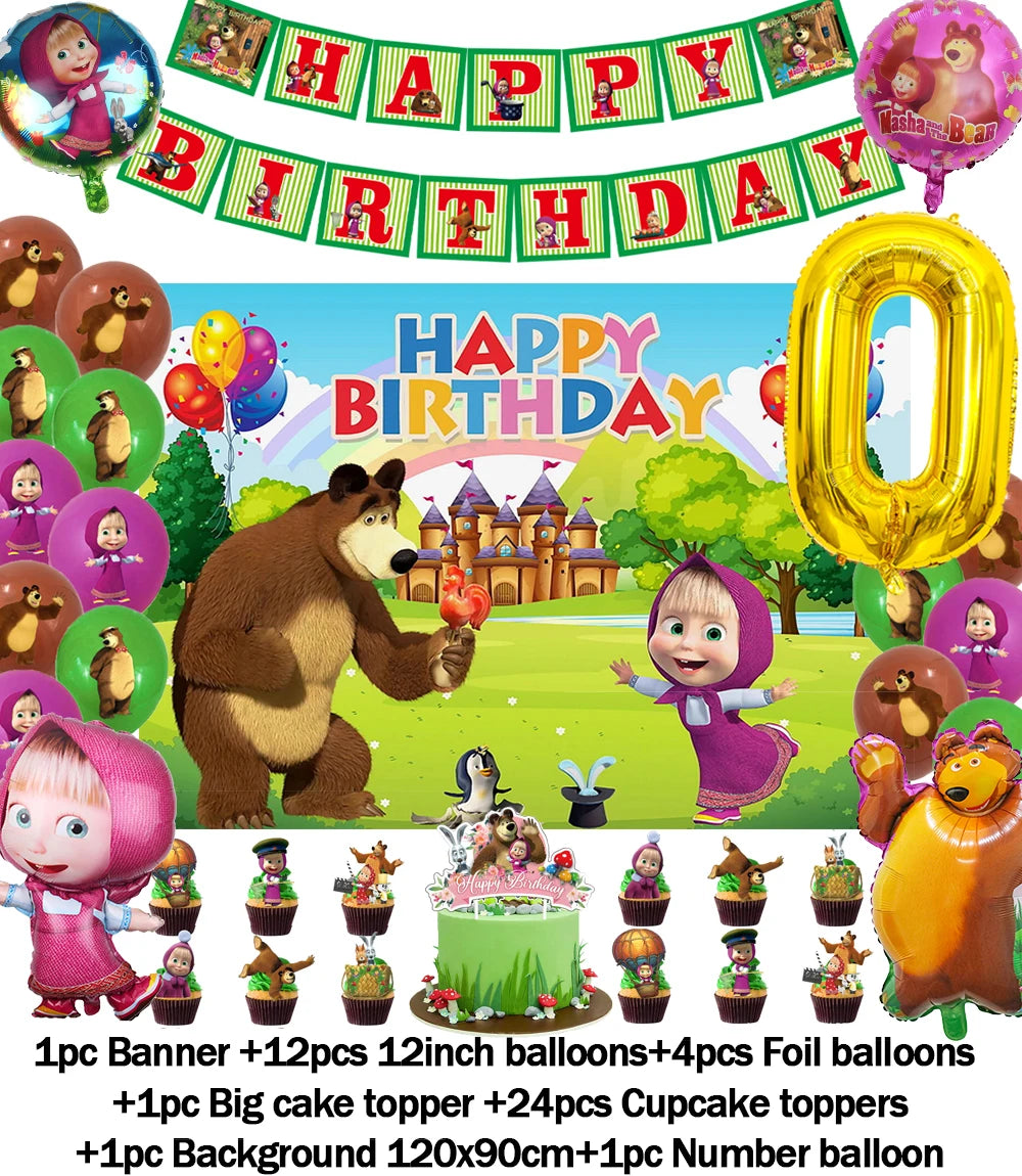 Cartoon Girl-Mashas-And Bear Kids Birthday Party Digital Balloon Banner Background Cake Topper Decoration Supplies Baby Gifts