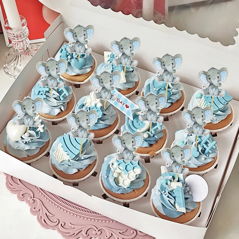 12Pcs Blue Pink Elephant Cupcake Topper Kids Birthday Baby Shower Elephant Cake Decoration Boy Girl Gender Reveal Party Supplies