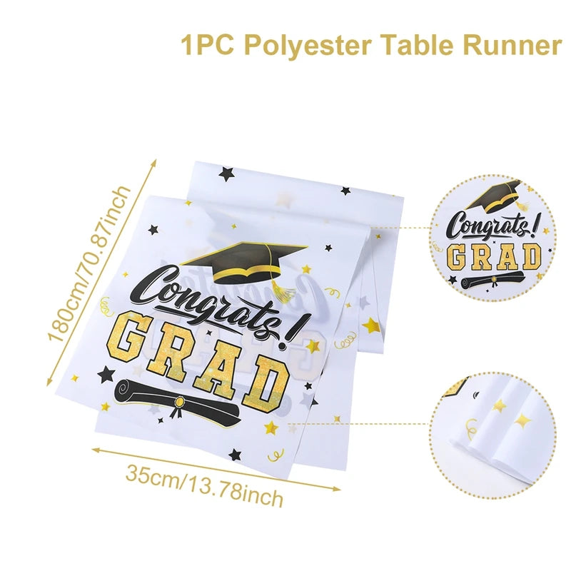 Graduation Table Runner Graduation Decorations 2025 Black Gold Polyester Graduation Table Cloth Prom Grad Party Table Decoration