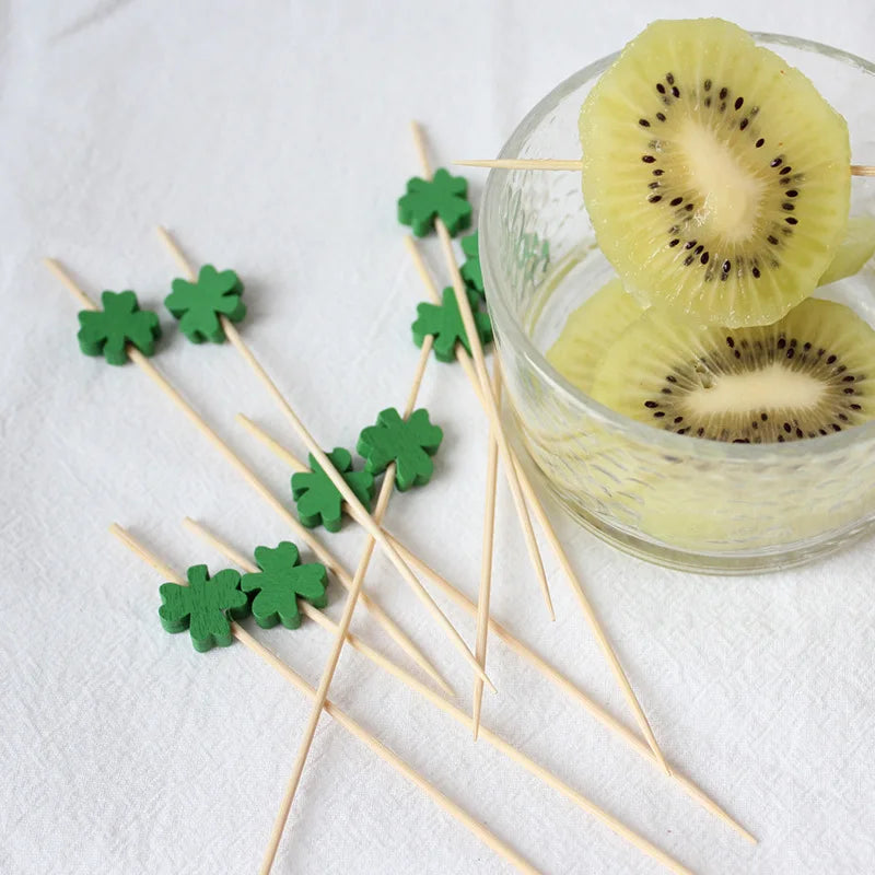 100Pcs Green Shamrock Cover Disposable Bamboo Food Picks St. Patrick's Day Theme Dessert Fruit Forks for Irish Saint Party Decor
