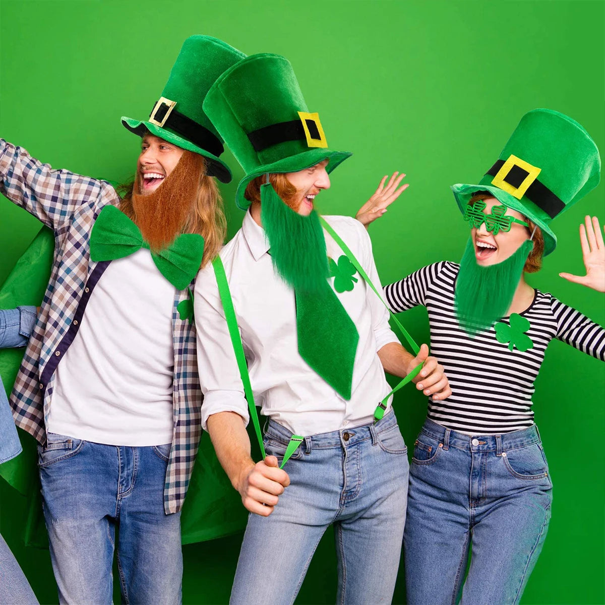 Saint Patricks Day Top Hat Holiday Fake Beard Green Celebration Costume for Irish Festival Birthday Party Decor Supplies