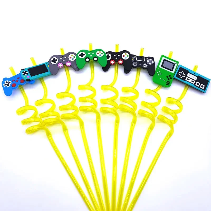 8pcs 26cm Reusable Game Controller Plastic Helical Straws Gamepad Toys Straw Game Console Theme Kids Birthday Party Decor