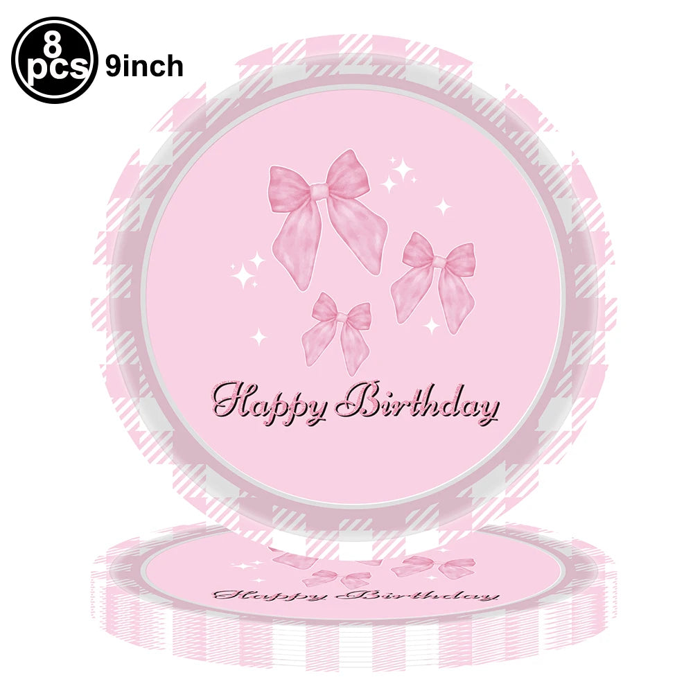 Pink Bow Plates Cups Napkins Forks for Coquette Birthday Decoration Pink Bow Theme Party Supplies for Girls Birthday Party Decor