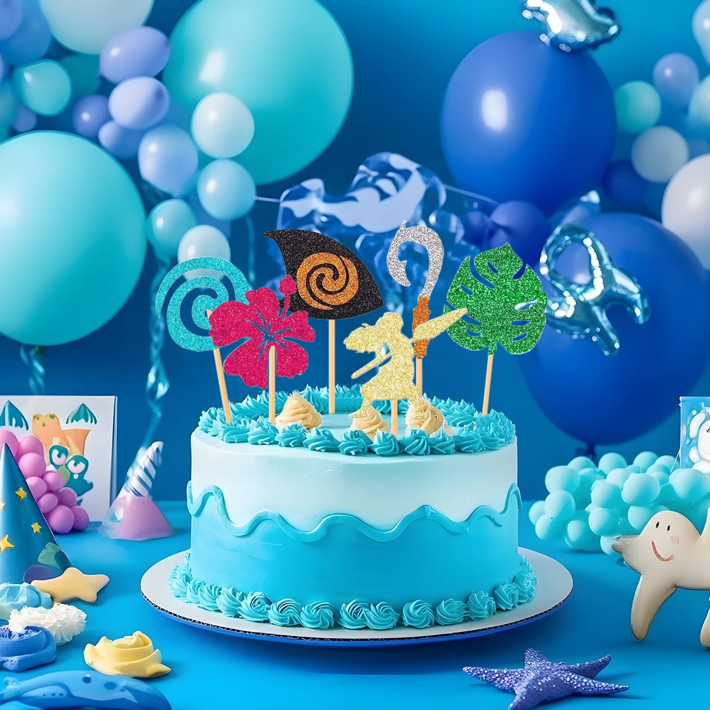 Moana Cake Topper Glittery Cupcake Toppers Hawaiian Birthday Party Decoration for Tropical Luau Summer Party Baby Shower Wedding
