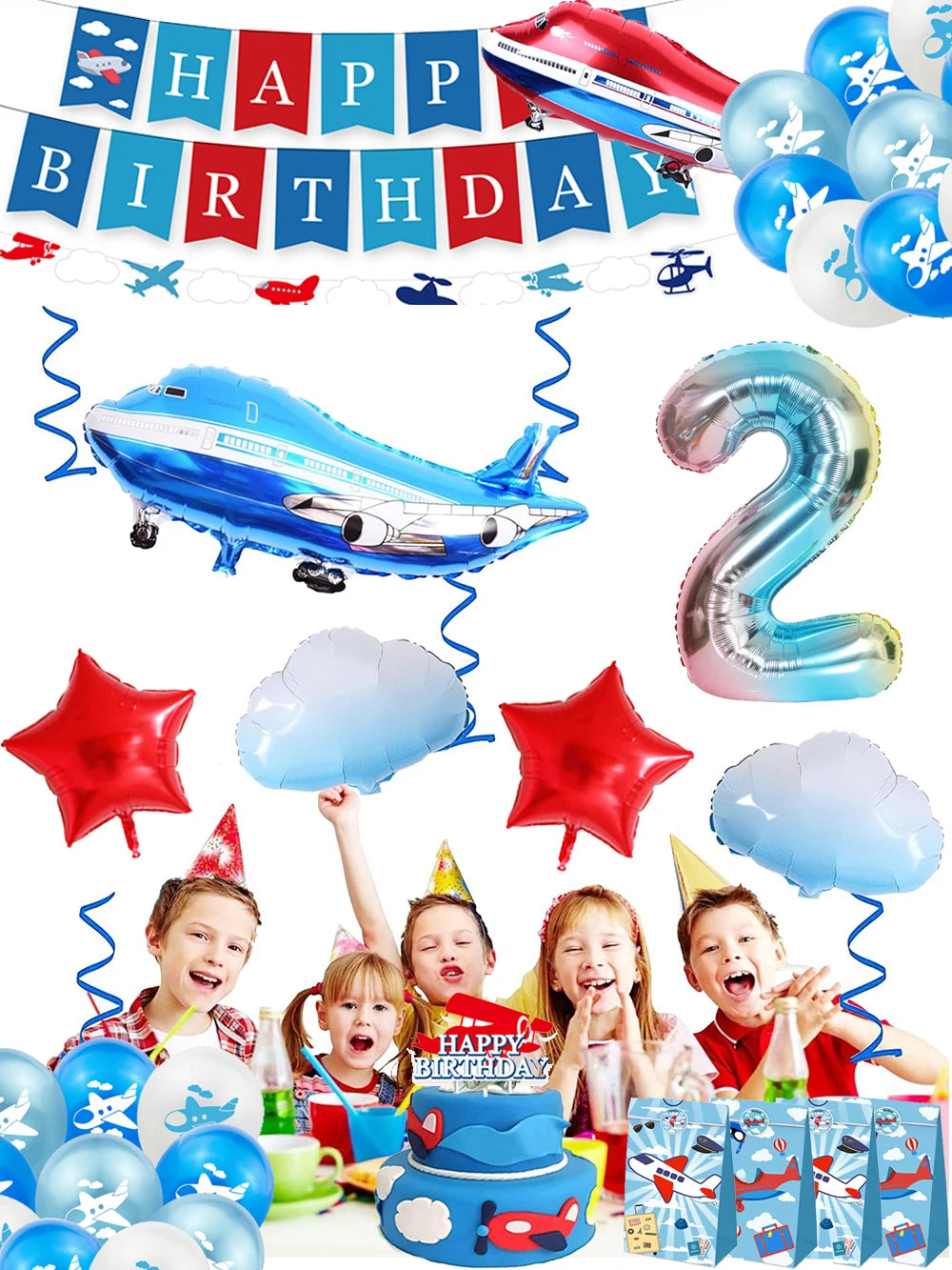 Airplane Party Decoration 12Inch Blue White Latex Balloons Big Plane Foil Cloud Balloon Set for Kids Boys Aviator Theme Birthday