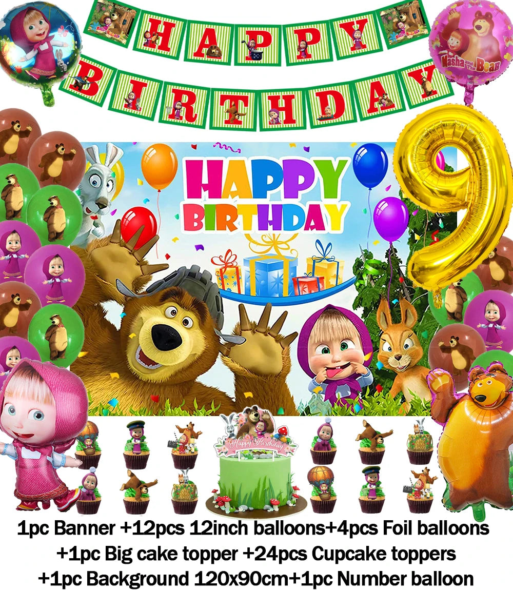 Cartoon Girl-Mashas-And Bear Kids Birthday Party Digital Balloon Banner Background Cake Topper Decoration Supplies Baby Gifts