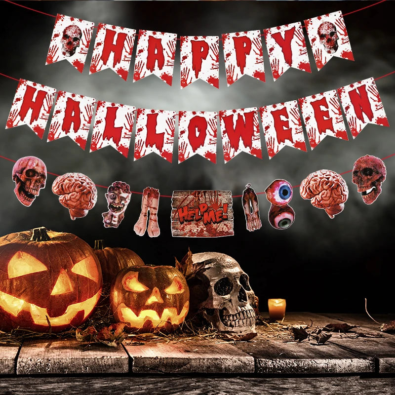 Halloween Blood Banner Paper Garland Scary Eyeball Skull Spiral Hanging Flag Halloween Party Decoration Home Haunted House Decor