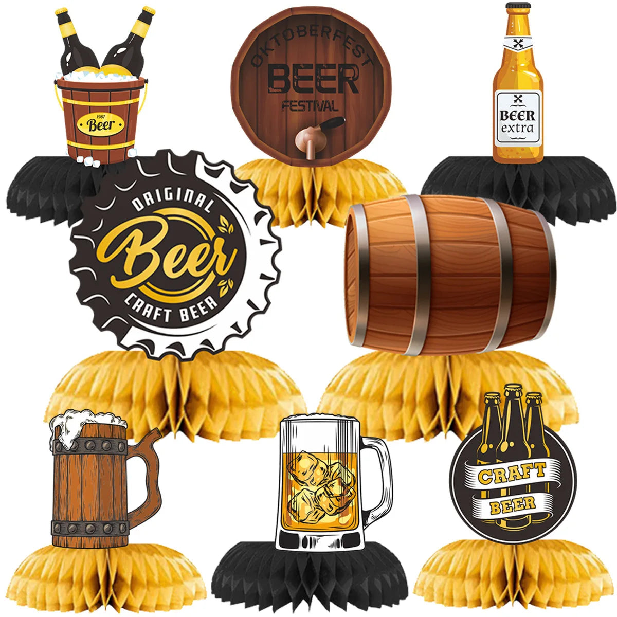 9Pcs Oktoberfest Theme Desktop Honeycomb Ornaments for Adults Boy Beer Festival Theme Birthday Party Background Props Decoration