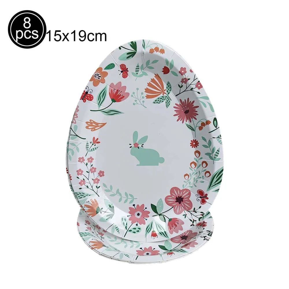 Easter Theme Disposable Tableware Cute Cartoon Bunny Rabbit Pattern Paper Plates Cups Napkins Kids Favor Easter Party Decoration