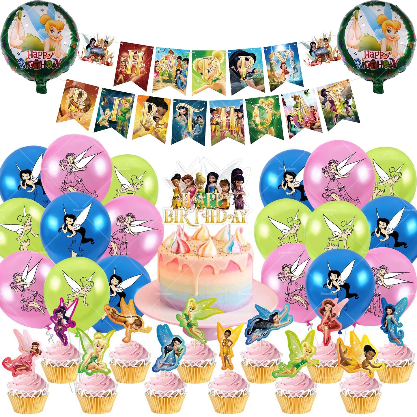 Tinker Bell Fairy Foil Balloons Pixie Latex Ballon Happy Birthday Banner Party Decorations Cake Toppers Cartoon Kids Girls Gift