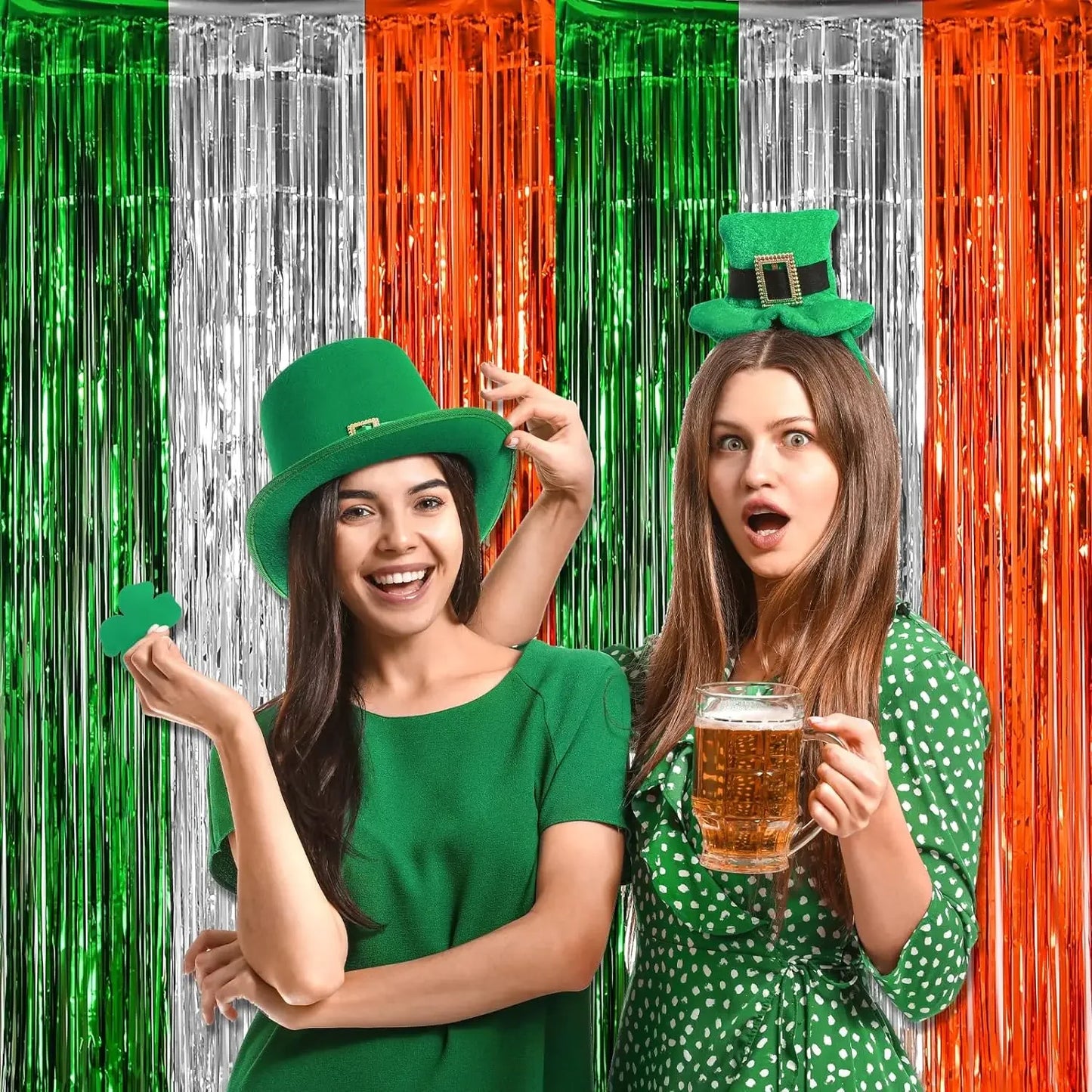 3 Pack St. Patrick's Day Foil Fringe Curtains Green White Orange Tinsel Fringe Photo Booth Prop Backdrop for Irish Party Decor