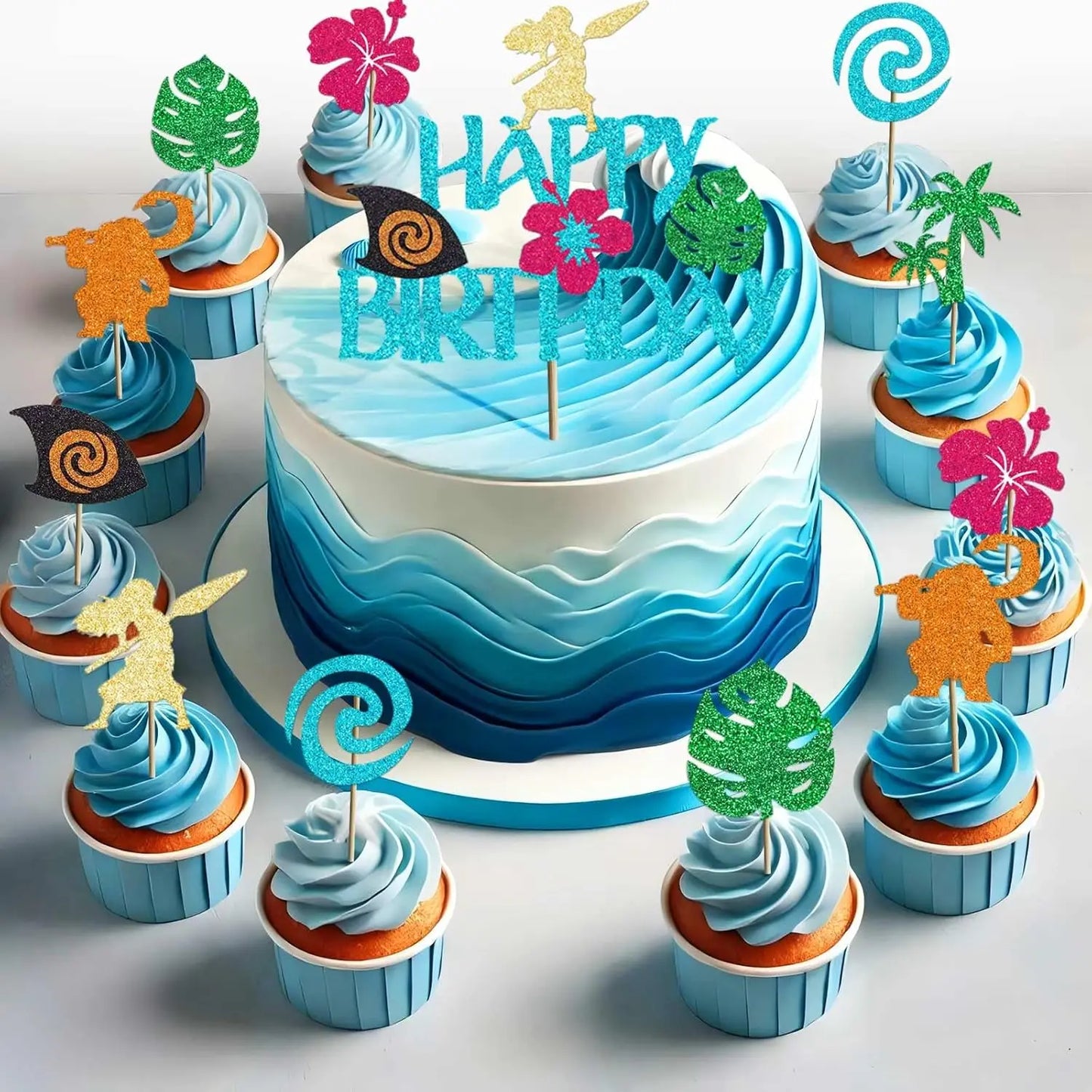 Moana Cake Topper Glittery Cupcake Toppers Hawaiian Birthday Party Decoration for Tropical Luau Summer Party Baby Shower Wedding