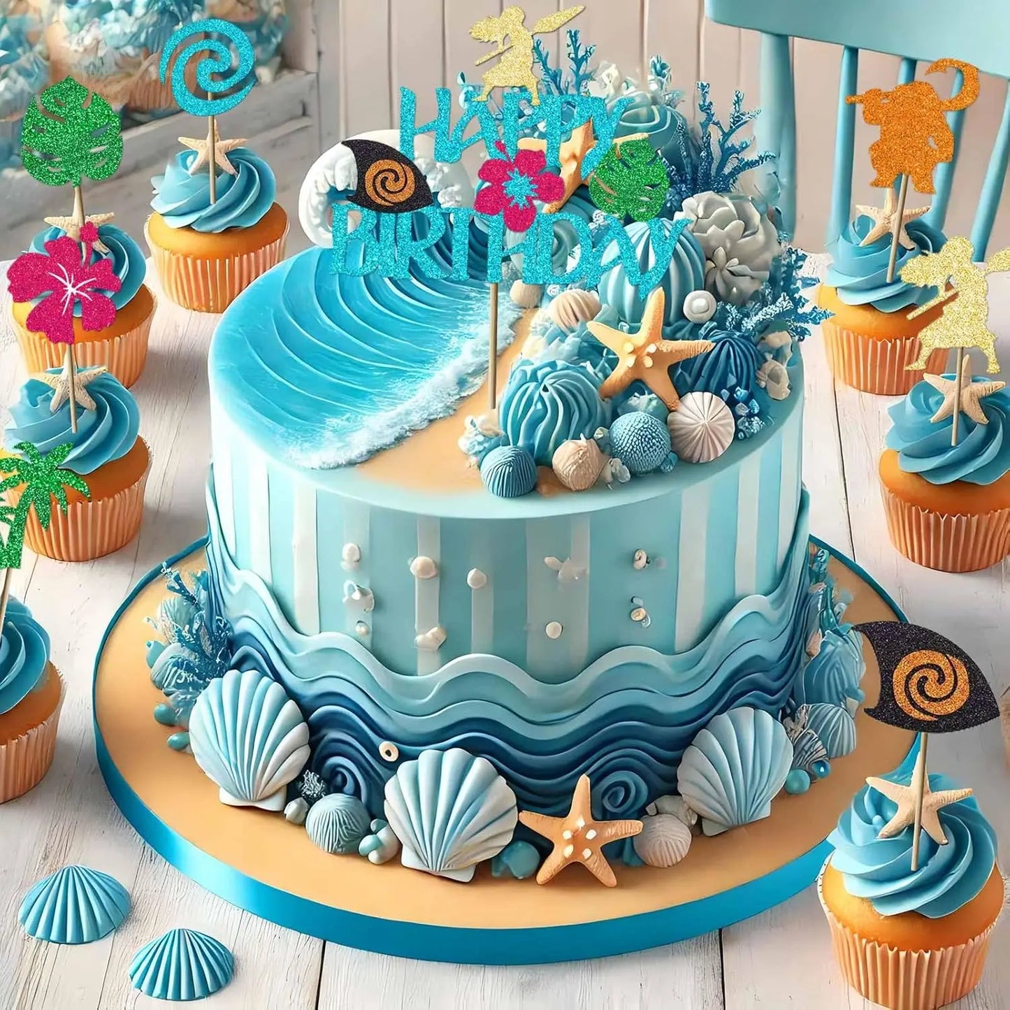 Moana Cake Topper Glittery Cupcake Toppers Hawaiian Birthday Party Decoration for Tropical Luau Summer Party Baby Shower Wedding