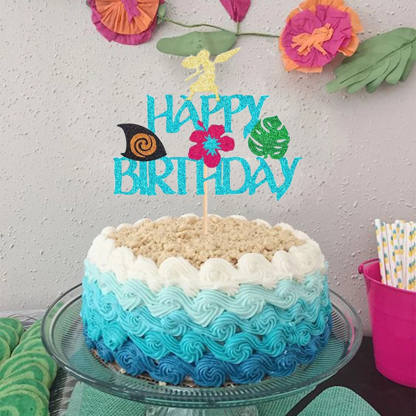 Moana Cake Topper Glittery Cupcake Toppers Hawaiian Birthday Party Decoration for Tropical Luau Summer Party Baby Shower Wedding
