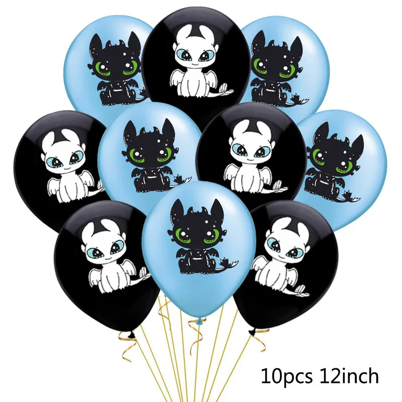 1set How Train Dragon Balloons No Teeth Toothlessing Green Eye Black Loong Party Decoration Happy Birthday Banner Cake Topper