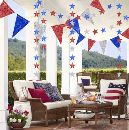 4th Fourth of July Glitter Red Blue Silver White Star Triangle Garland Banner For USA America Independence Day Celebration Decor