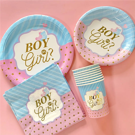 Pink Blue Boy Or Girl Gender Reveal Baby Shower Party Disposable Tableware Paper Plates Cups Decoration