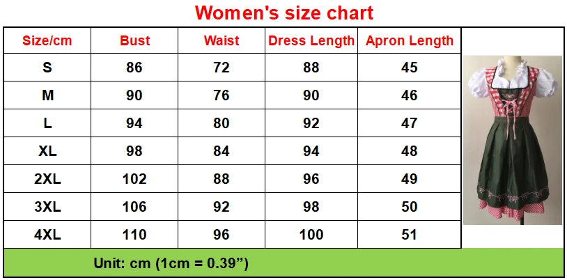S-4XL Womens German Oktoberfest Beer Girl Costume Bavarian Traditional Beer Dirndl Dress With Apron