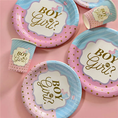Pink Blue Boy Or Girl Gender Reveal Baby Shower Party Disposable Tableware Paper Plates Cups Decoration