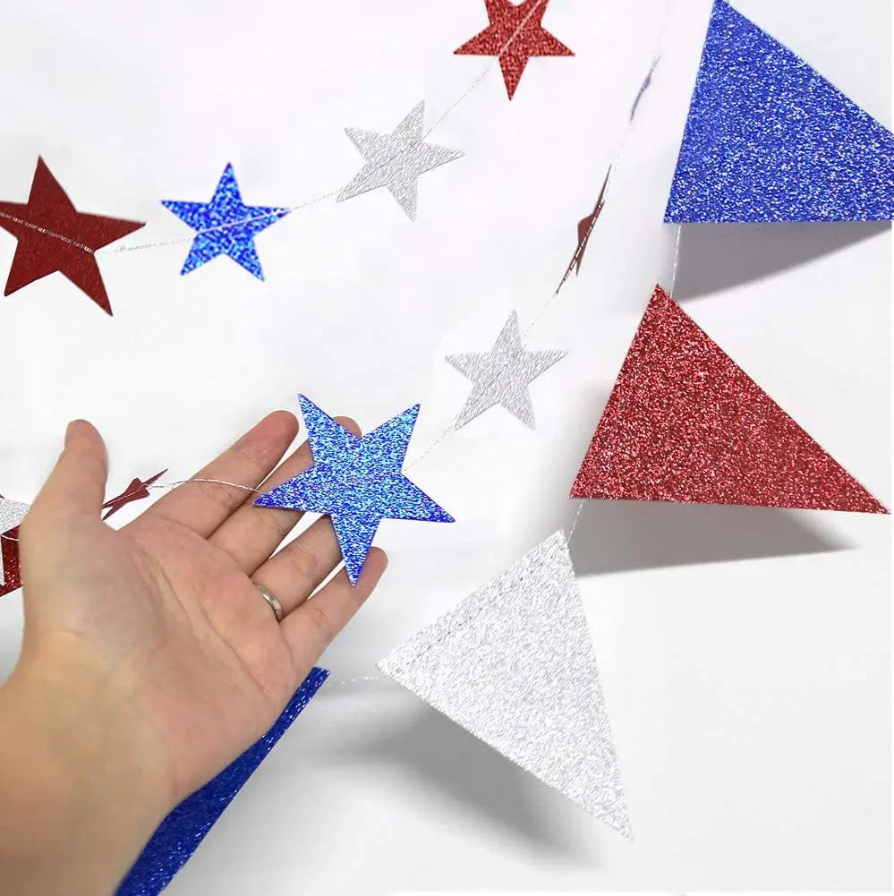 4th Fourth of July Glitter Red Blue Silver White Star Triangle Garland Banner For USA America Independence Day Celebration Decor
