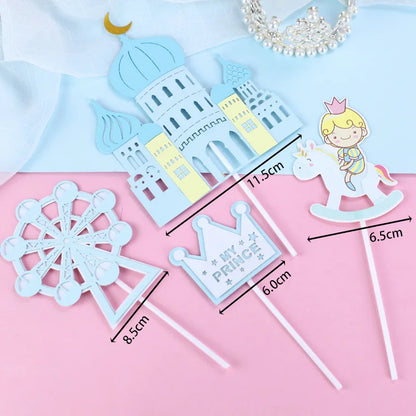 Castle Cake Topper Flags Girls Boys Windmill Prince Happy Birthday Decoration Cupcake Topper For Baby Shower Baking Supplies DIY