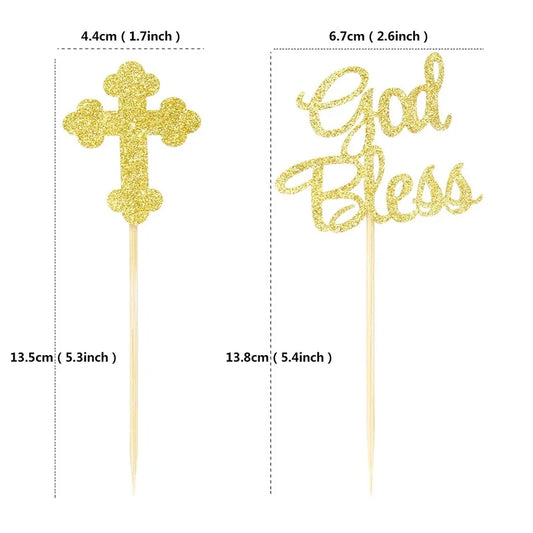 12pcs God Bless Cross Cupcake Toppers Baptism Party Decorations Glitter Bless Cake Topper Dessert Dress Up Baby Birthday