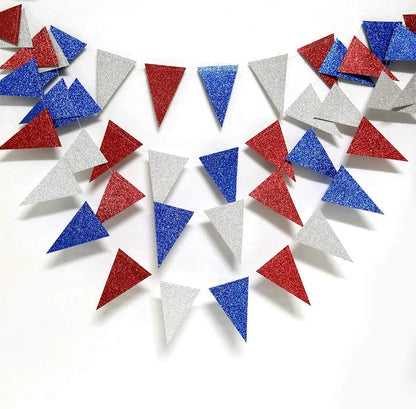 4th Fourth of July Glitter Red Blue Silver White Star Triangle Garland Banner For USA America Independence Day Celebration Decor