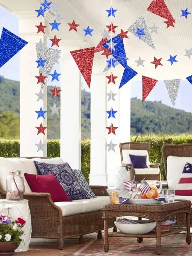 4th Fourth of July Glitter Red Blue Silver White Star Triangle Garland Banner For USA America Independence Day Celebration Decor