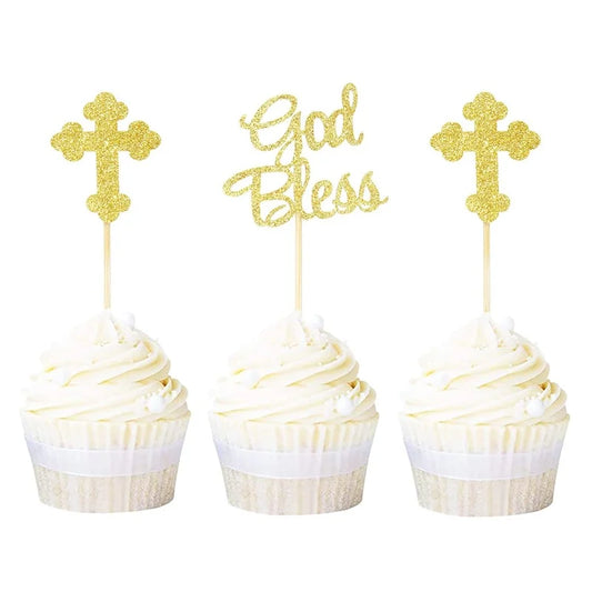 12pcs God Bless Cross Cupcake Toppers Baptism Party Decorations Glitter Bless Cake Topper Dessert Dress Up Baby Birthday