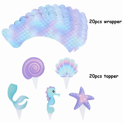20set Mermaid Cupcake Toppers Wrappers Girls Happy Birthday Party Cake Toppers Baby Shower Under The Sea Mermaid Decoration