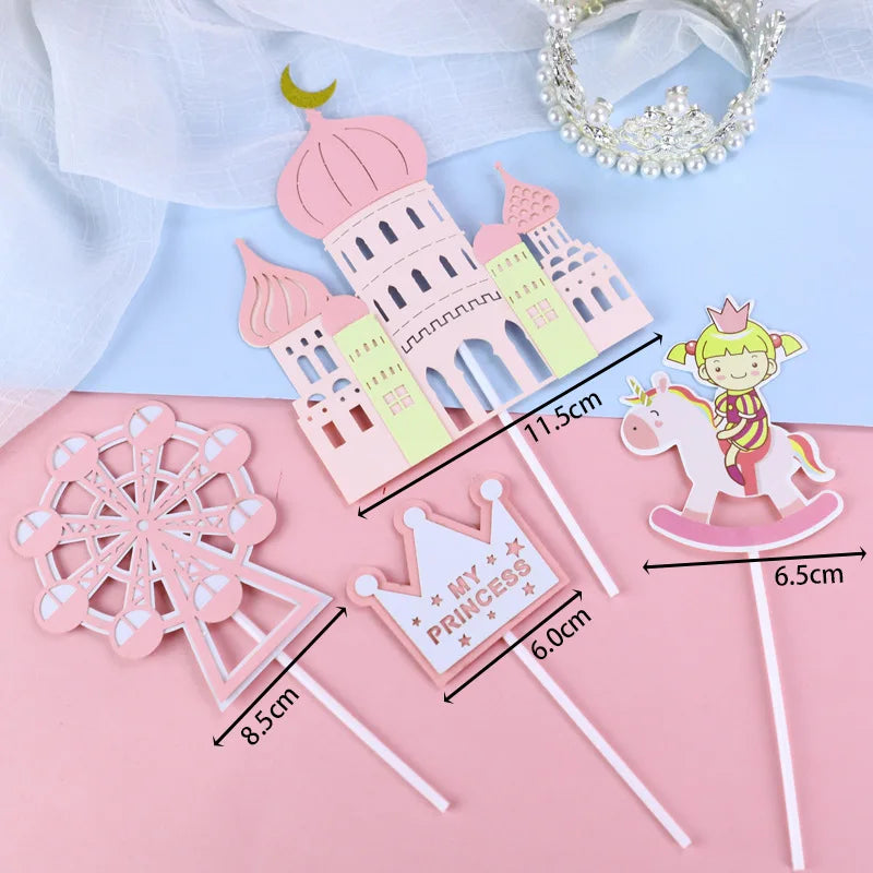Castle Cake Topper Flags Girls Boys Windmill Prince Happy Birthday Decoration Cupcake Topper For Baby Shower Baking Supplies DIY