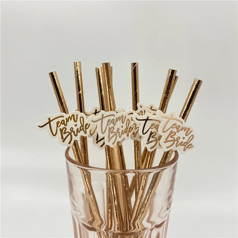 10Pcs Rose Gold Team Bride Straws Hen Party Bachelorette Wedding Party Decoration Supplies