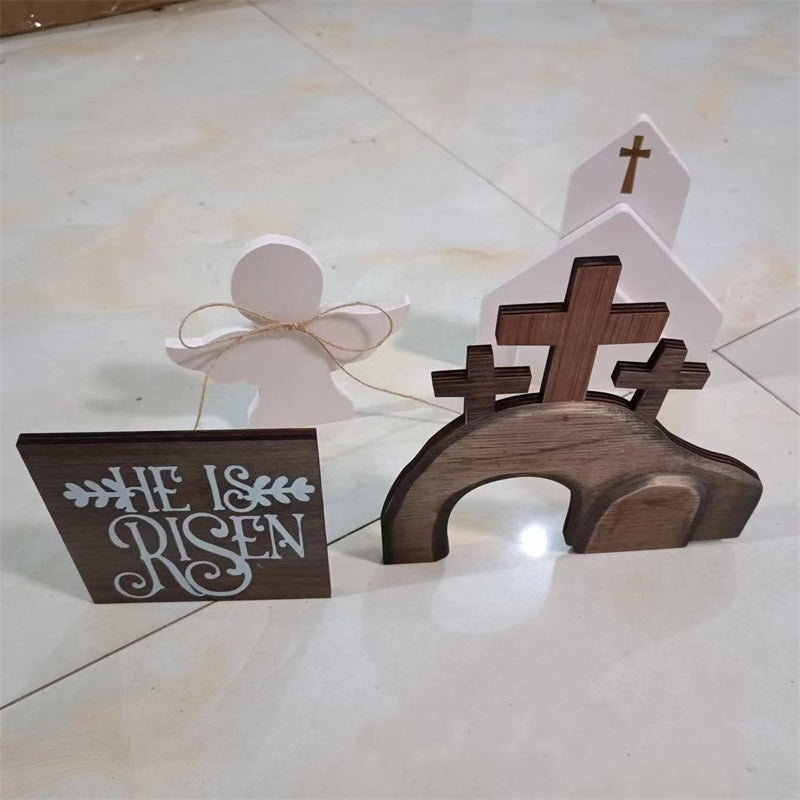 Cross-Border Wooden Easter Crafts Wooden Ornament Table Decorations Church Tray Decoration Creative