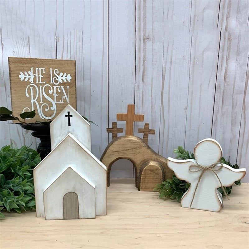 Cross-Border Wooden Easter Crafts Wooden Ornament Table Decorations Church Tray Decoration Creative