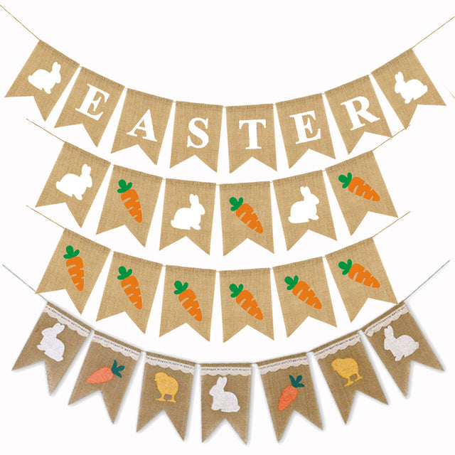 Cute Fashion Easter Rabbit Chick Radish Linen Swallowtail Hanging Flag Happy Easter