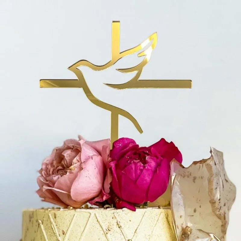 Gold Peace Dove Cross Cake Toppers Holy Communion Baptist Party Decorative Cake Insert for The First Communion Party Supplies