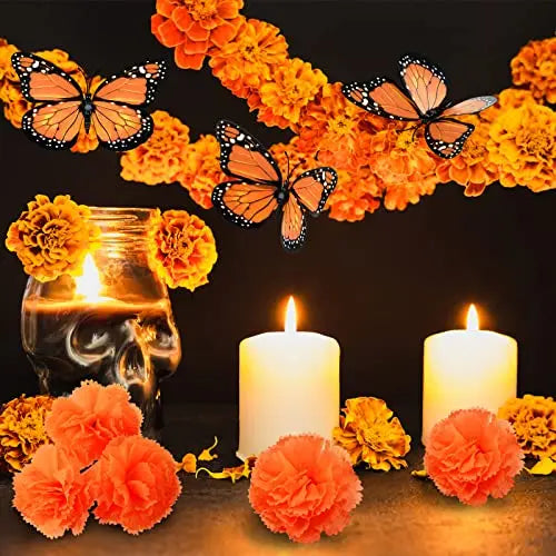14~380pcs Day of the Dead Marigold Flower Garland Decorations Dia De Los Muertos ofrenda Altar with Monarch Butterfly Mexican
