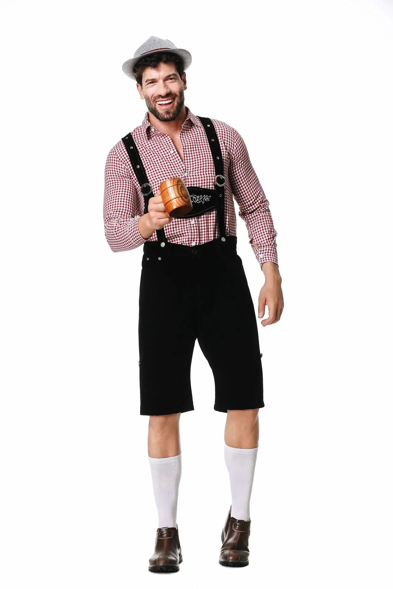Three-Piece Set Oktoberfest Lederhosen Costume for Men Bavarian German Beer Festivals Suspenders Shirt Hat Male Cosplay Costumes