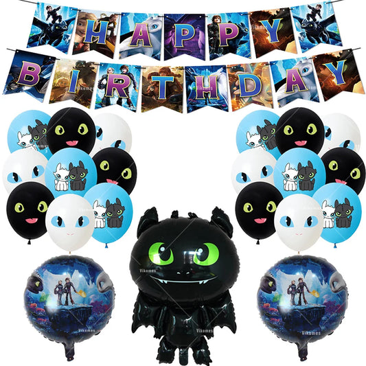 1set How Train Dragon Balloons No Teeth Toothlessing Green Eye Black Loong Party Decoration Happy Birthday Banner Cake Topper