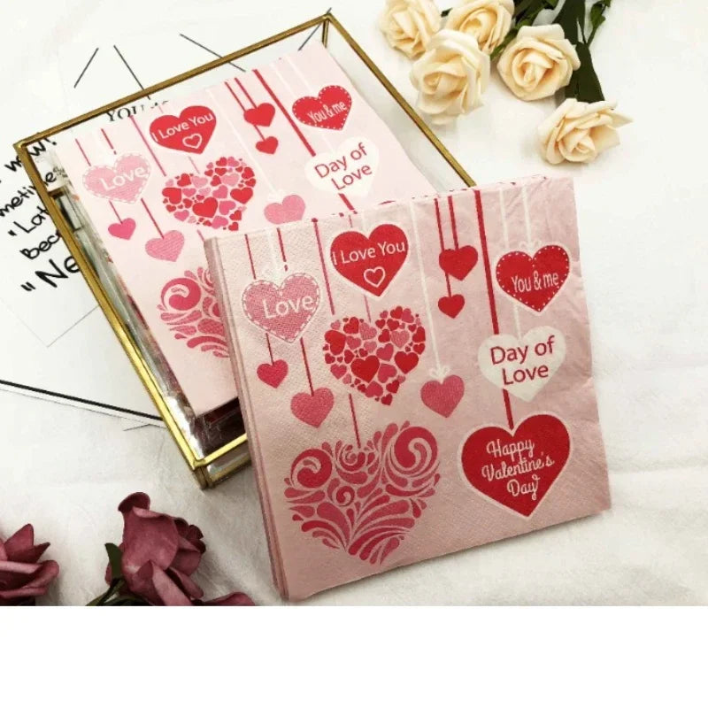Heart Shaped Colourful Printed Napkin Wedding Valentine's Day Facial Tissue Proposal  Decoration Wine Glass Flower Paper 20pcs/P