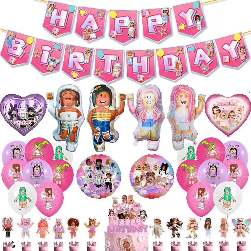 Pink Roblox Balloons Happy Birthday Banner Party Decoration Hot Robot Game Cake Topper Disposable Tableware Kids Girl Background