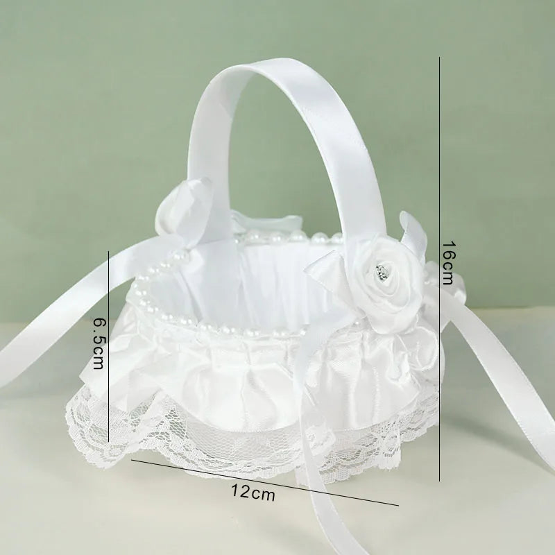 20 cm White Flower Girls Basket Silk Wedding Basket for Flower Bride/Kids Hand Held Wedding Ceremony Party Decorations