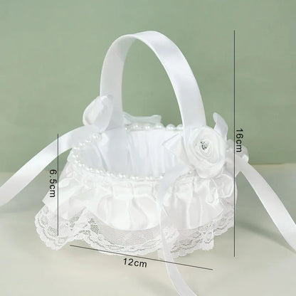 20 cm White Flower Girls Basket Silk Wedding Basket for Flower Bride/Kids Hand Held Wedding Ceremony Party Decorations