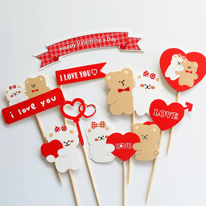 Heart Bear Cake Topper Toppers Flag I Love You Happy Valentine's Day Anniversary Baking Cake Dessert DIY Decor Party Supplies