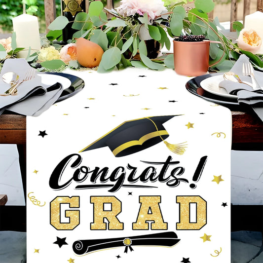 Graduation Table Runner Graduation Decorations 2025 Black Gold Polyester Graduation Table Cloth Prom Grad Party Table Decoration