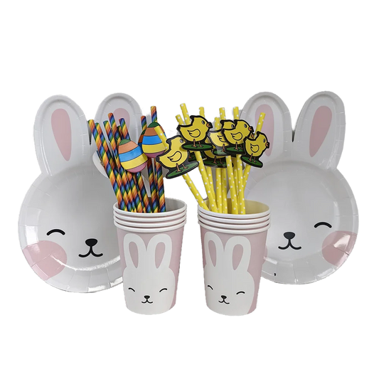 Easter Theme Disposable Tableware Cute Cartoon Bunny Rabbit Pattern Paper Plates Cups Napkins Kids Favor Easter Party Decoration