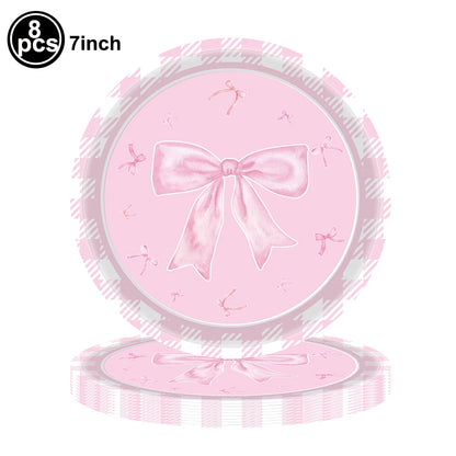 Pink Bow Plates Cups Napkins Forks for Coquette Birthday Decoration Pink Bow Theme Party Supplies for Girls Birthday Party Decor