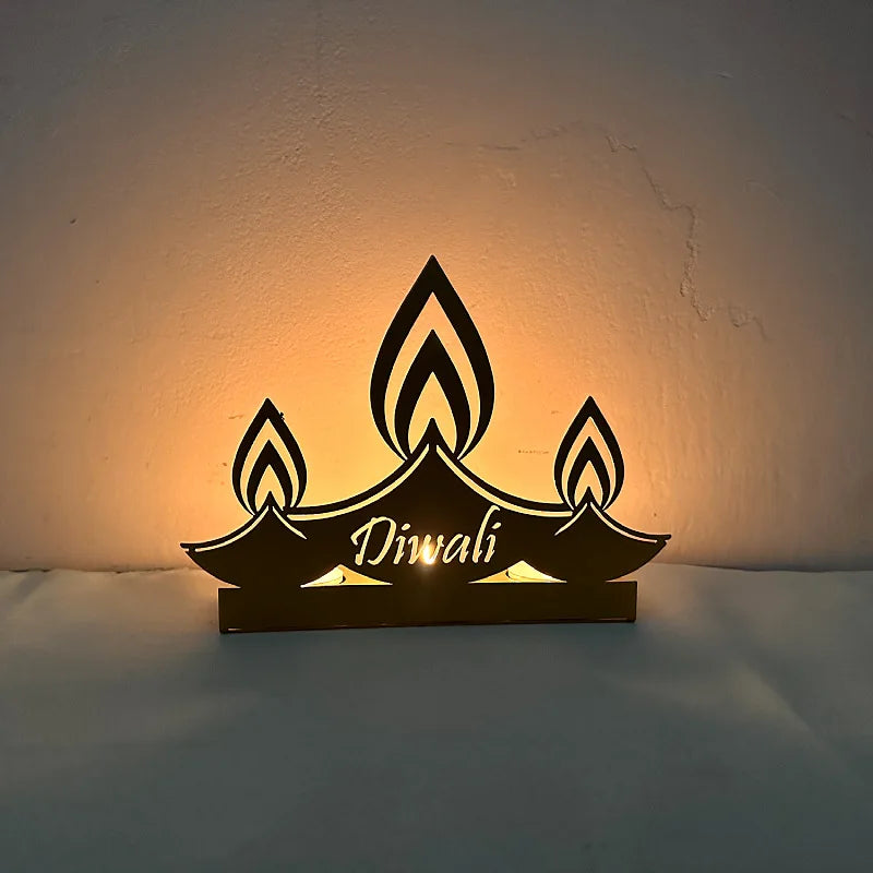 1pc Happy Diwali Candlestick Gold Iron Candle Holder for Diwali Festival Party Home Table Decoration