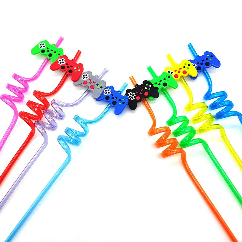 8pcs 26cm Reusable Game Controller Plastic Helical   Straws Gamepad Toys Straw Game Console Theme Kids Birthday Party Decor